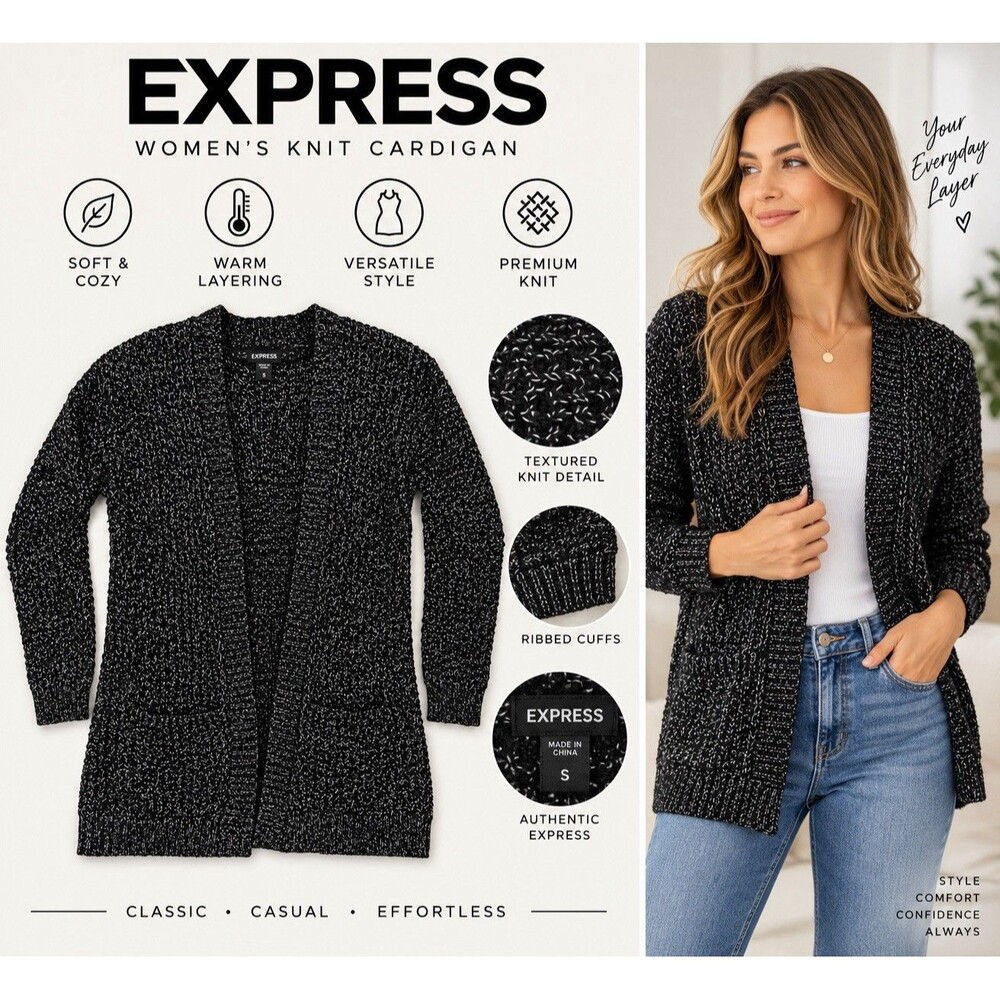 Express Women’s S Marled Black Longline Open Front Cardigan Sweater